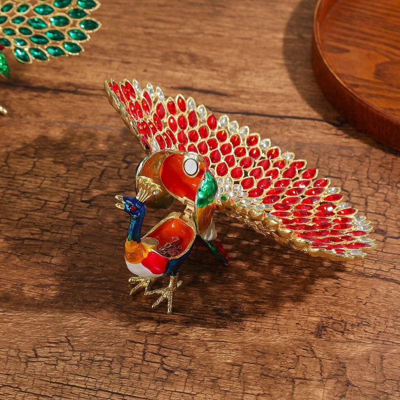 Enameled Rhinestone Peacock Trinket Box Open‑Tail Peacock Figurine Jewelry Storage Box Desktop Ornament for Home Wine Decor