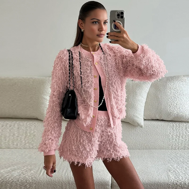 

Tornova 2025 Autumn New Fur Shorts Suit Woman O neck Warm Long Sleeve Cardigan Coat High Waist Slim Shorts Fashion Two Piece Set