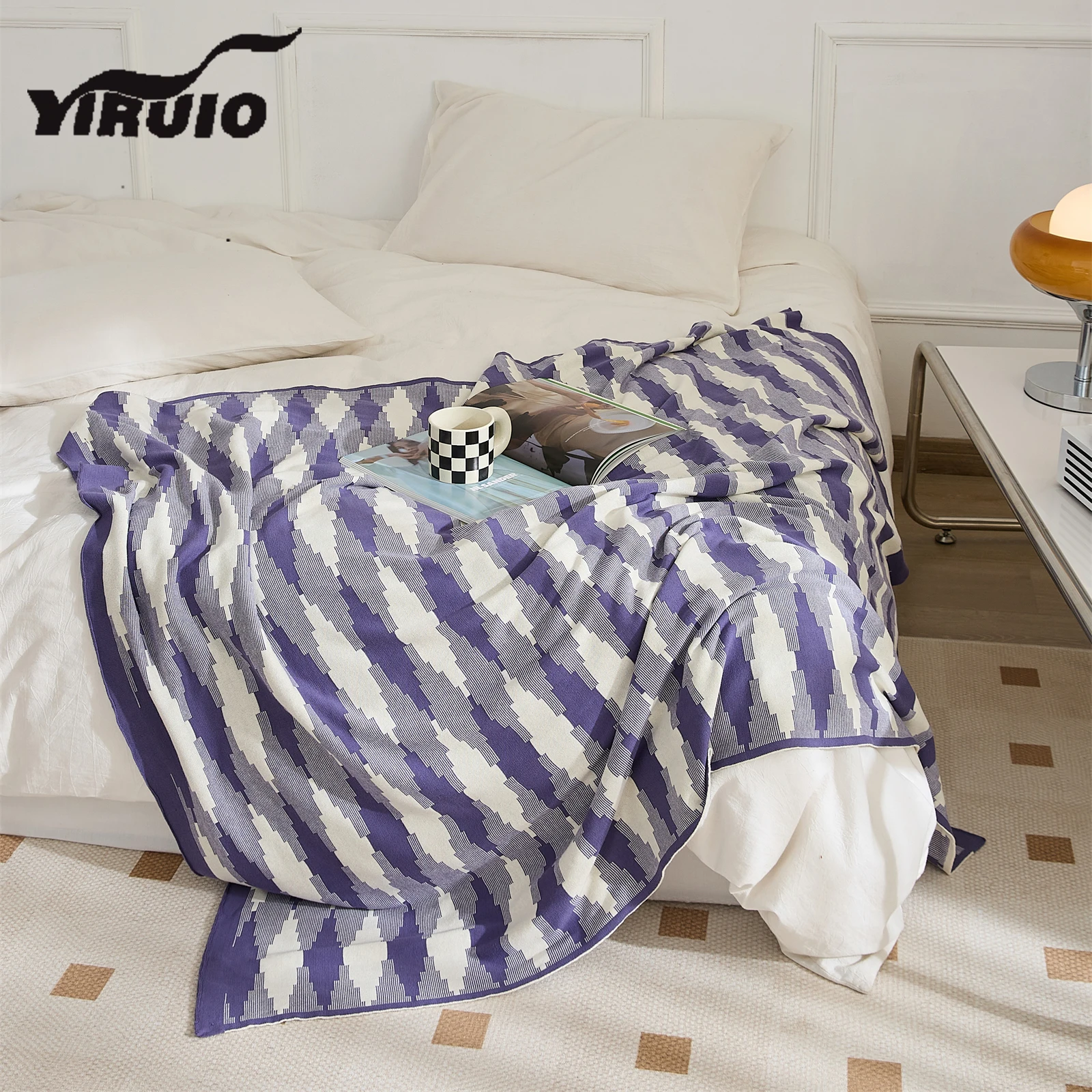 

YIRUIO Three Color 3D Fantasy Plaid Blanket Summer Air-Conditioned Room Warm Breathable Cotton Knitted Shawl Knee Throw Blankets