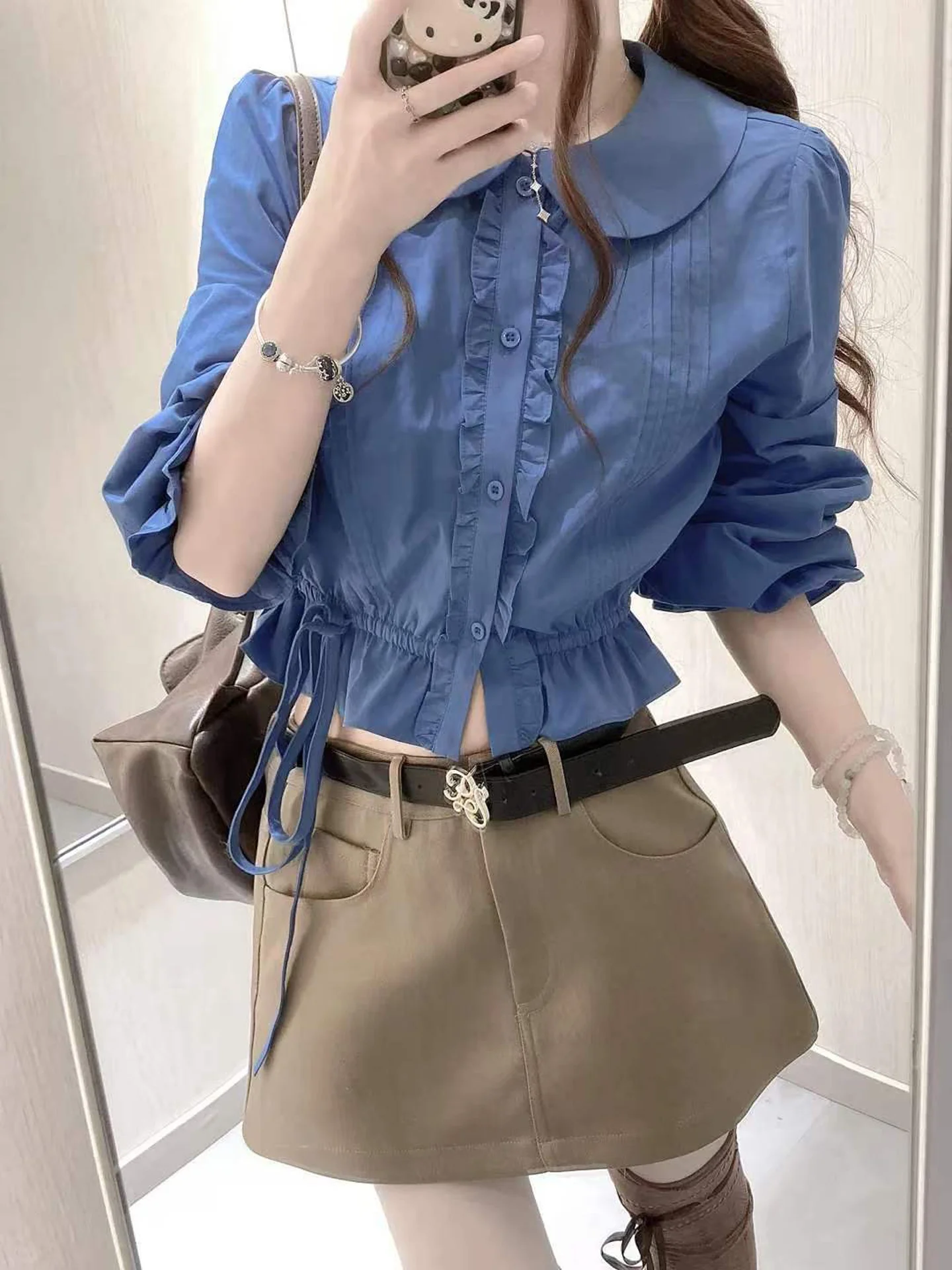 High Waist Waist-Cinching Long Sleeve Doll Collar Short Dress And Skirt Set for Women Autumn 2026 Korean Style Slimming Fashion