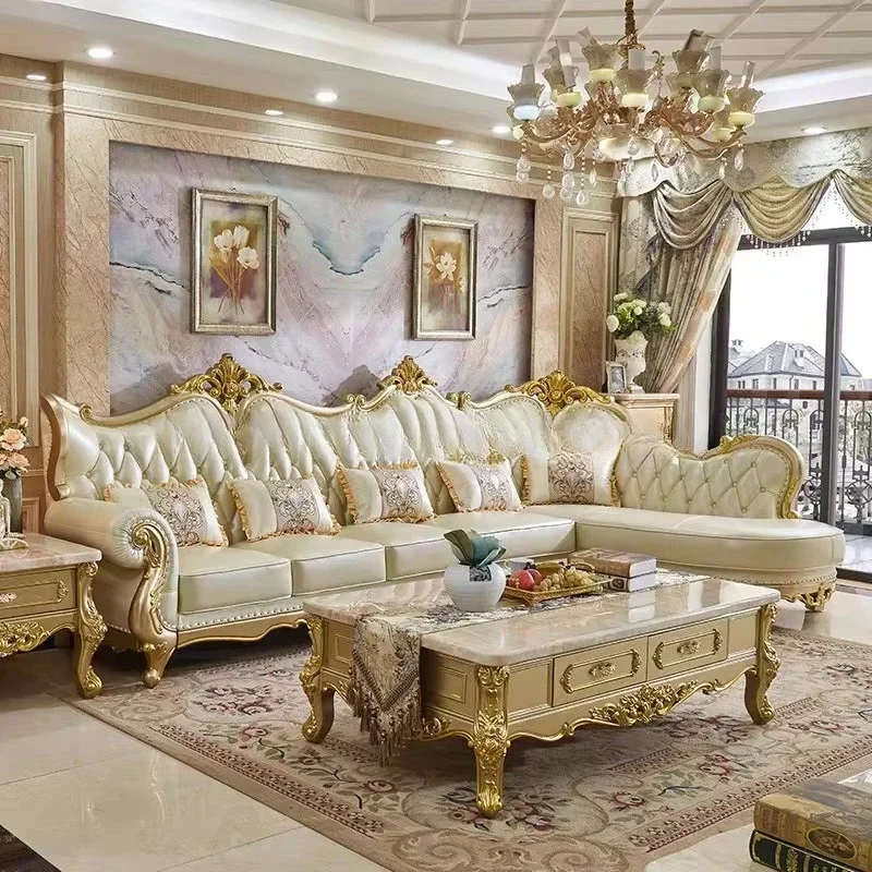 C6-9 Leather Sofa Set American Style Living Room Solid Wood Corner Small Apartment High-End Champagne Gold Full House