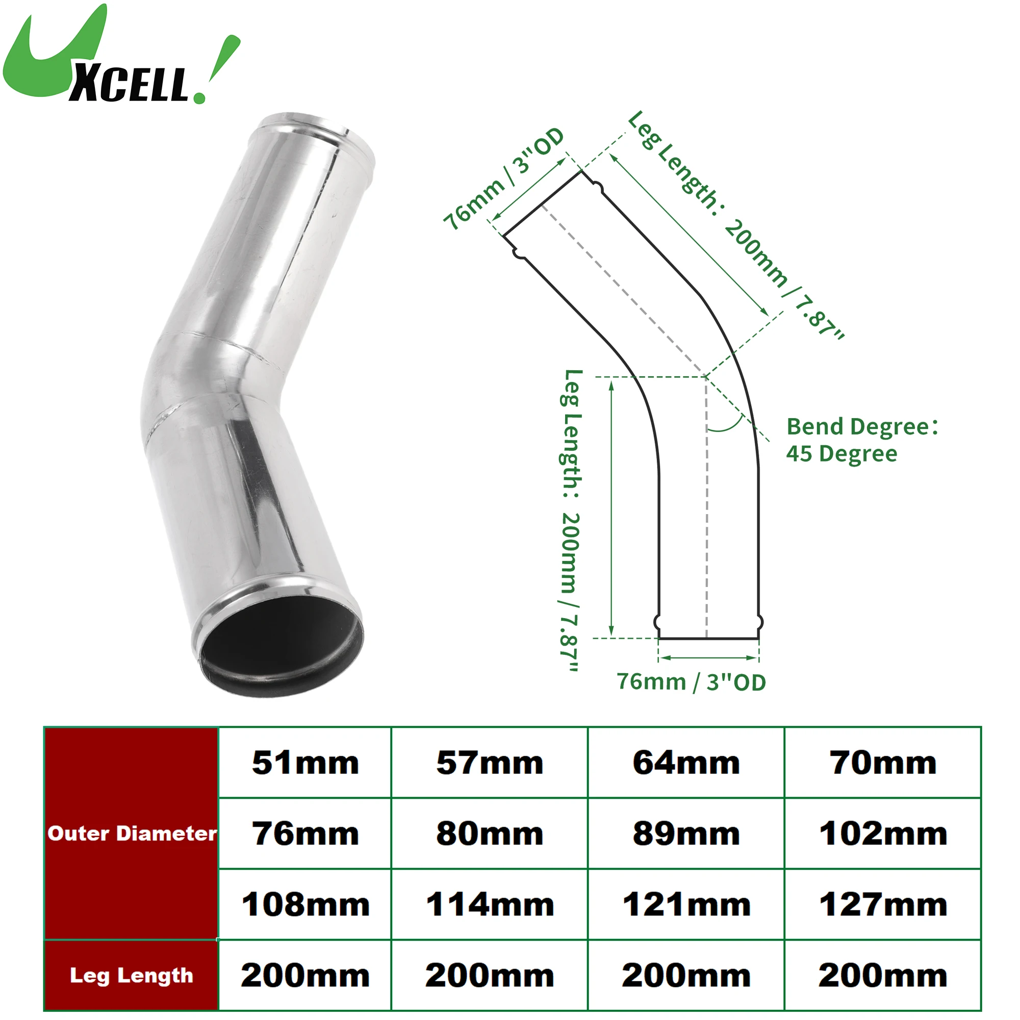 

UXCELL 45 Degree 200mm Leg Length Mandrel Exhaust Tube with Bead Roll Car Modified Exhaust Pipe Tubing T304 51mm-127mm OD