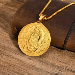 Men's Virgin Mary Pendant Necklaces,Waterproof Gold Color Stainless Steel Mother Mary Collar Gifts,Religious Faith Jewelry