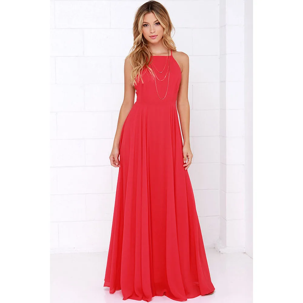 Fashion Women Summer Sleeveless Strap O neck Boho Dress Casual Long Maxi Evening Party Beach Backless Dress Sundress