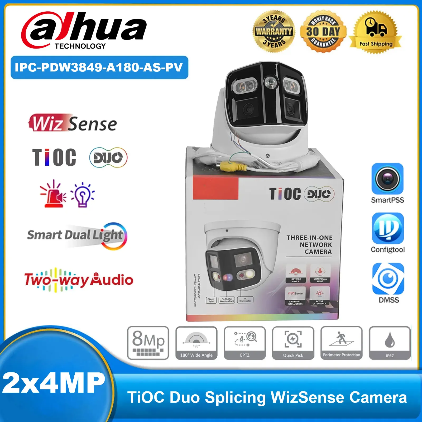 

IP-камера Dahua IPC-PDW3849-A180-AS-PV 2x4MP 180° ° TiOC Duo Splicing WizSense EPTZ SMD 4.0: Звук и свет, двусторонняя аудиосвязь