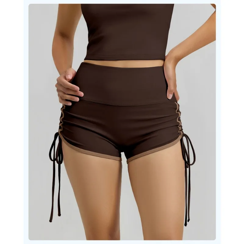Women High Waisted Drawstring Sports Shorts Contrasting Colors Quick Drying Workout Run Butt Liftt Yoga Fitness Fashion Shorts