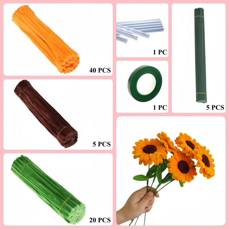 

65 PCS * Plush Pipe Cleaner Chenille Stems, Flower Making Kit Kids DIY Education Art Craft Set for Golden Teddy Bear Sunflowers