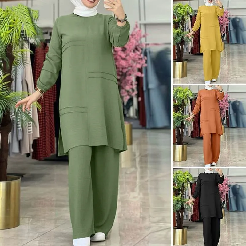 

2025Muslim Women's Wear Two-Piece Sportswear Parallel Bars Elegant Solid Color Long Sleeve Shirt Wide Leg Pants Suit