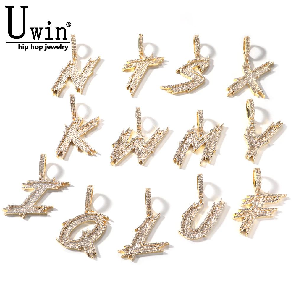 

Uwin Thorns Brush Font Cursive Initial Letter A-Z Micro Paved Out 5A Cubic Zirconia Charm Necklace Hiphop Jewelry
