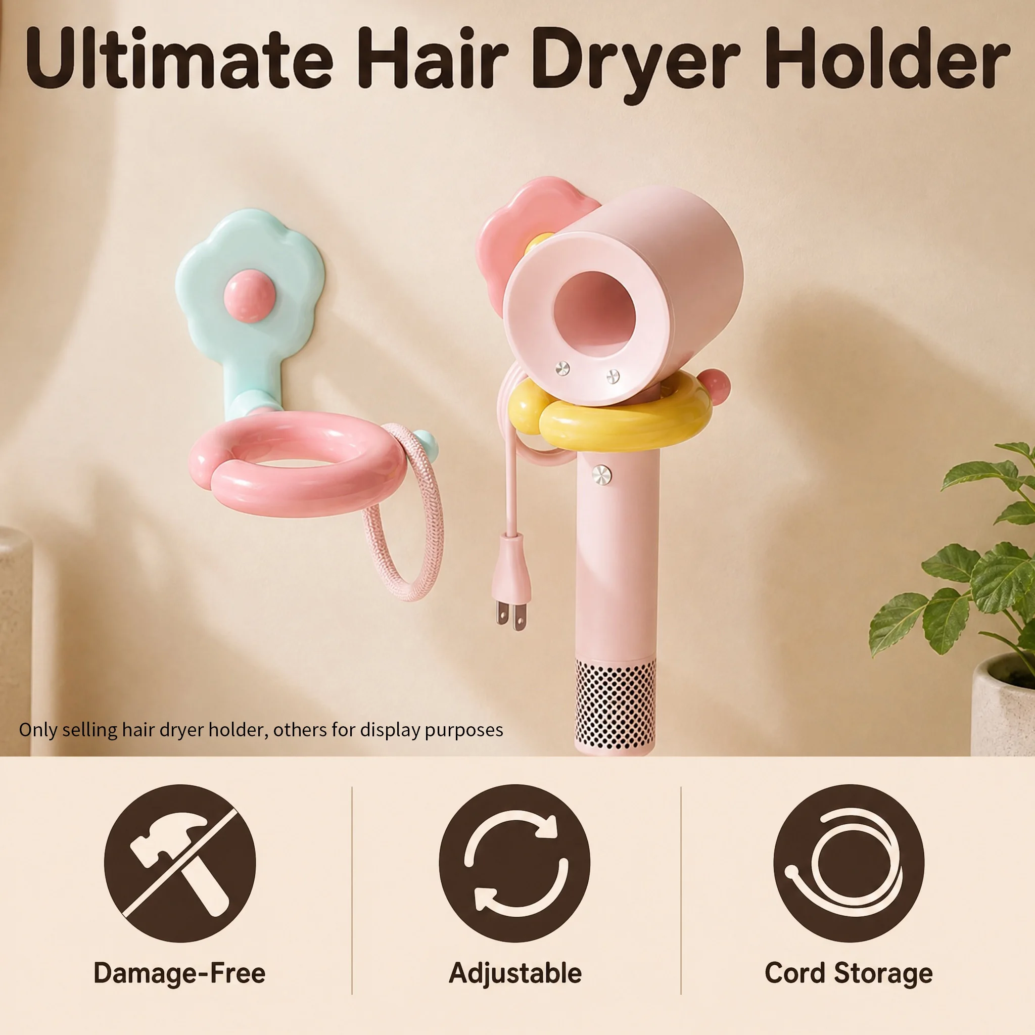 Cute Flower No Drilling Hair Dryer Holder, Rotatable Wall Mount Stand with Cord Storage, Fits 99% Hair Dryers