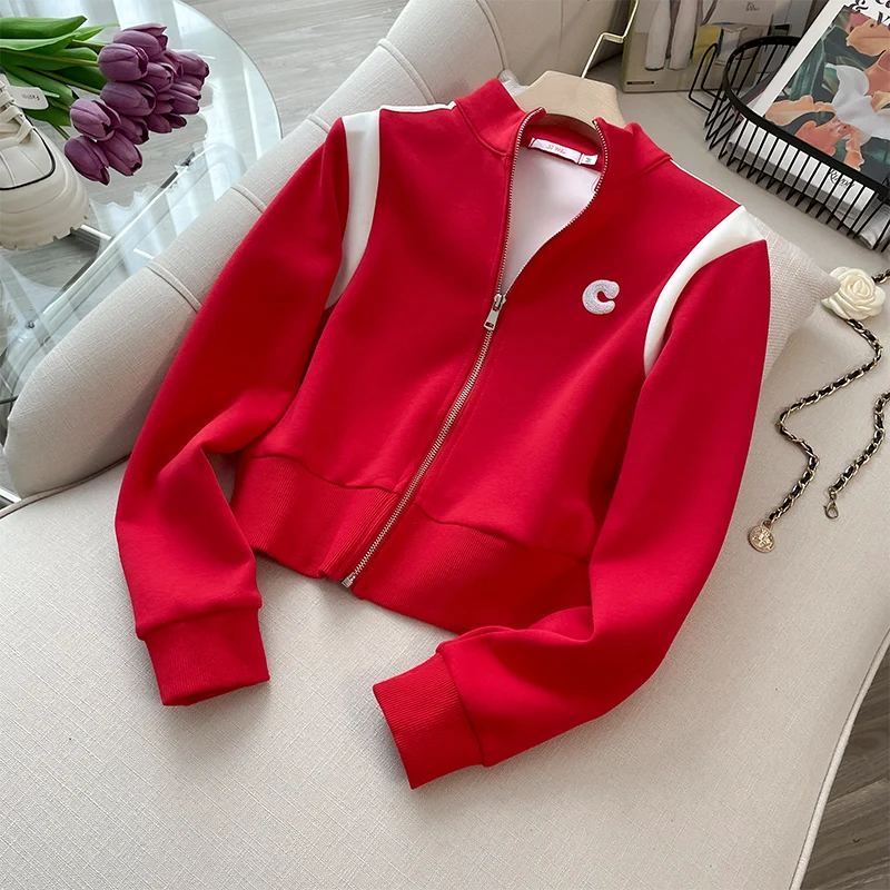 2024 Korean Version Red Short top Sports suit Women\'s Spring Autumn Winter Loose and Stylish Casual Wide leg Pants two-Piece set