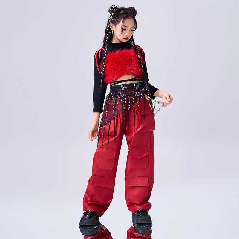 Paillettes Jazz Dance Costume Ragazze Moda Kpop Abiti di scena Top neri Gilet rosso Pantaloni cargo Kid Hip Hop Street Dance Wear AMY1352