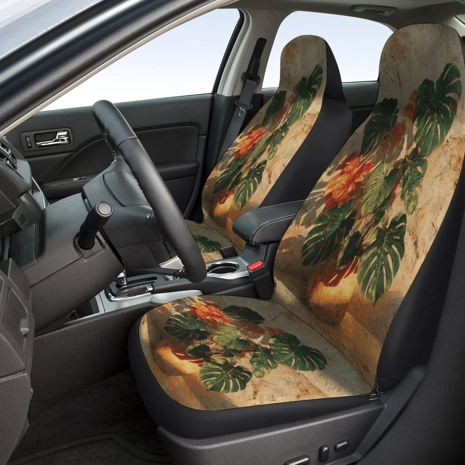 Set Of Car Seat Covers Featuring A Monstera Plant Pot Design, Suitable For Various Vehicles. Stylish And Durable, This Complete