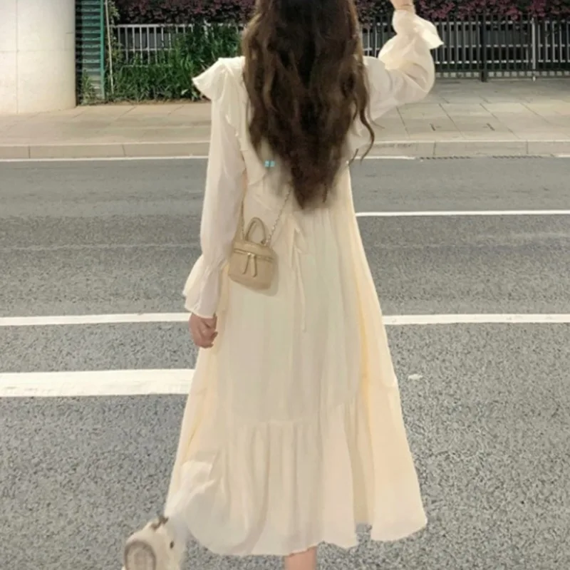 Flare Sleeve Dresses Women Spring Sweet Girls V-neck Ruffles Solid Simple Designed Korean Style Fairycore High Waist A-line Cozy