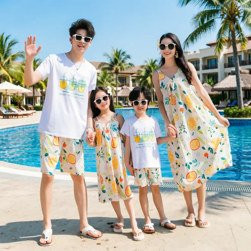 Vacation Look Family Matching Couple Clothes Korean Mom and Daughter Resort Dress Dad and Son Tops + Shorts 2 Piece Outfits Sets