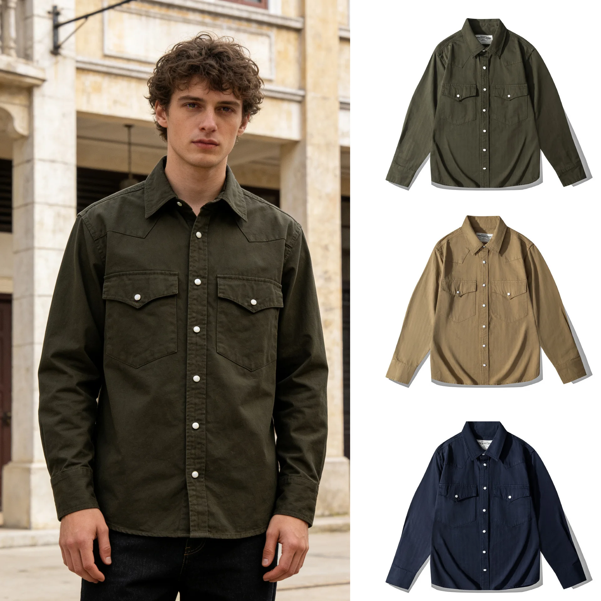 Spring Fall New Arrival Men's Herringbone Pattern Cargo Shirt Solid Color Simple Basic Long Sleeve Shirt Business Casual Tops