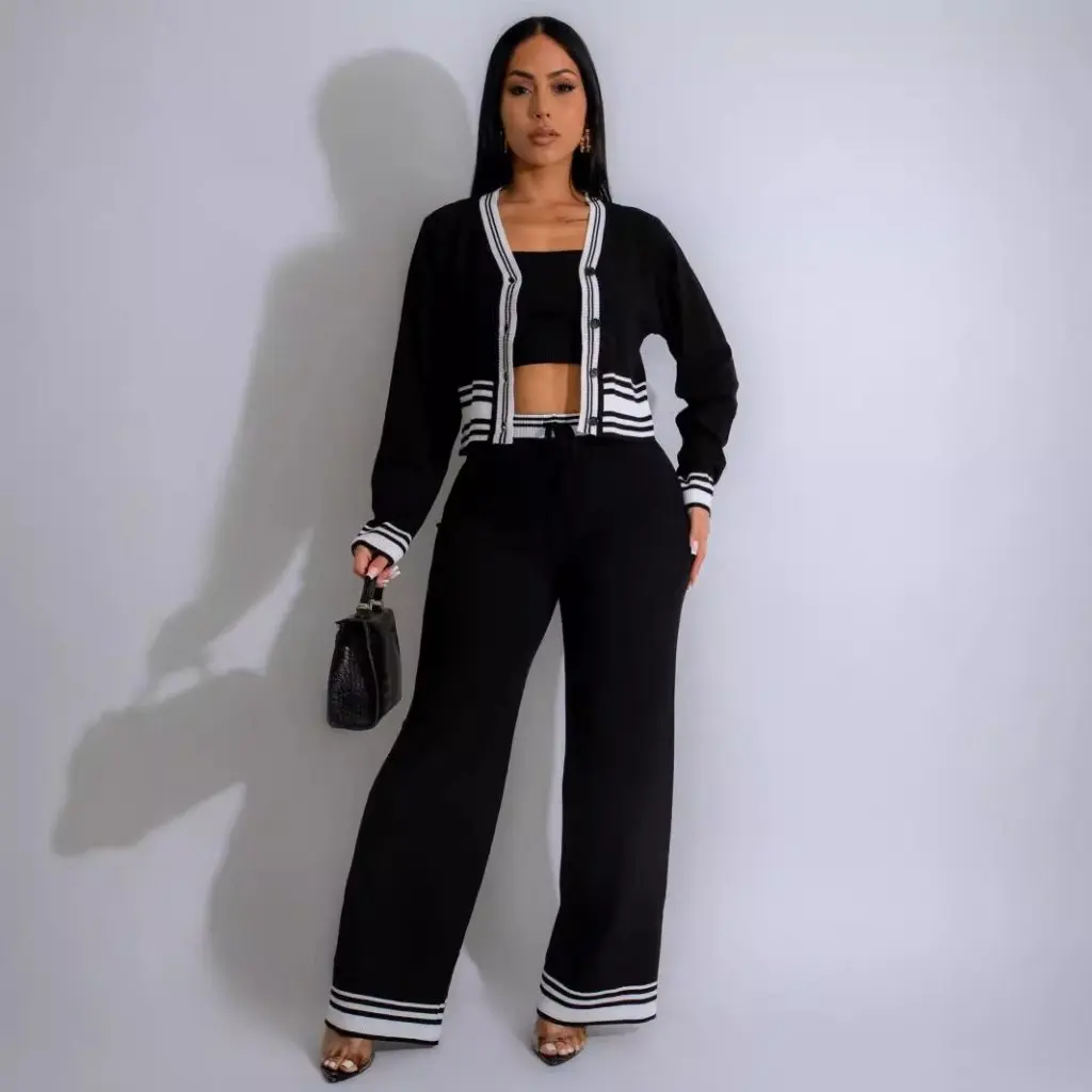 

Женский полосатый кардиган в европейском и американском стиле, вязаный костюм-тройка, повседневный осенне-зимний модный комплект для женщин