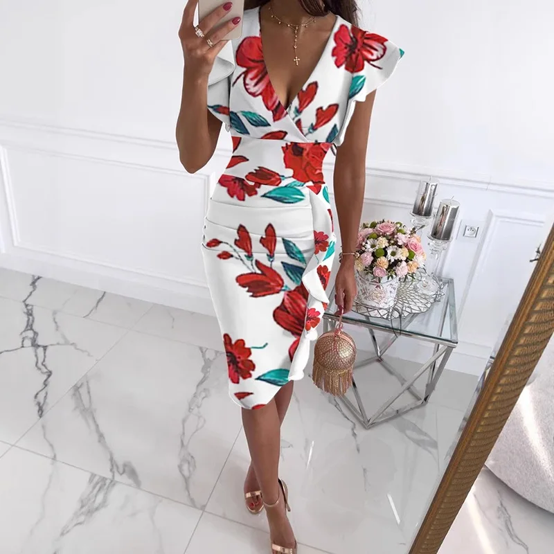 Abito da donna elegante con maniche a volant a vita alta con scollo a V increspato abito corto abito da sera Boho con stampa floreale estiva