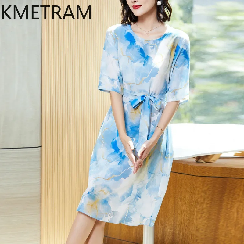 KMETRAM 100% Real Mulberry Silk Dress Luxury Party Long Dresses Womans Clothing 2024 Summer Elegant Frocks for Women Vestidos