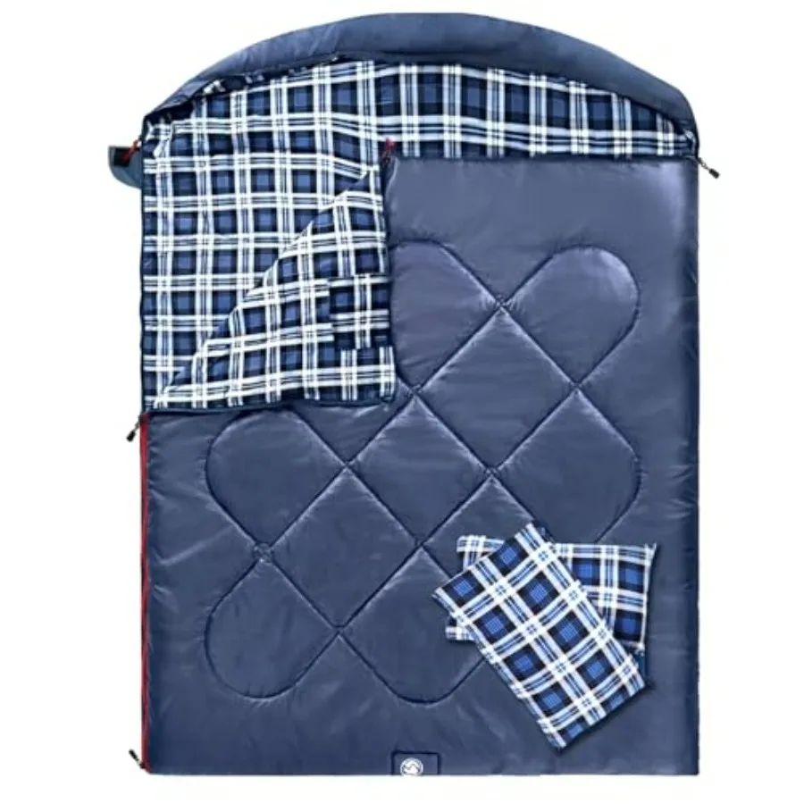 

Camping double sleeping bag for adults with 2 pillows, flannel cotton material, gray-blue color, XXL queen size, cold-weather w