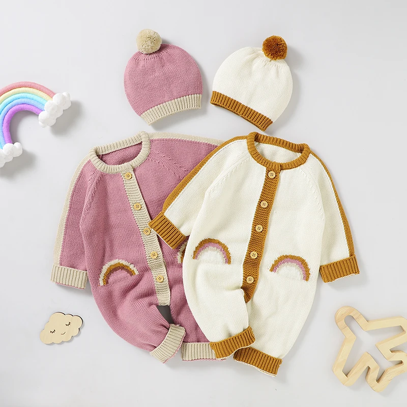 Autumn Baby Rompers Knit Infant Clothing Hat 0-18M Overalls Rainbow Playsuit Newborn Girls Boys Jumpsuit Long Sleeve Outfits 2PC