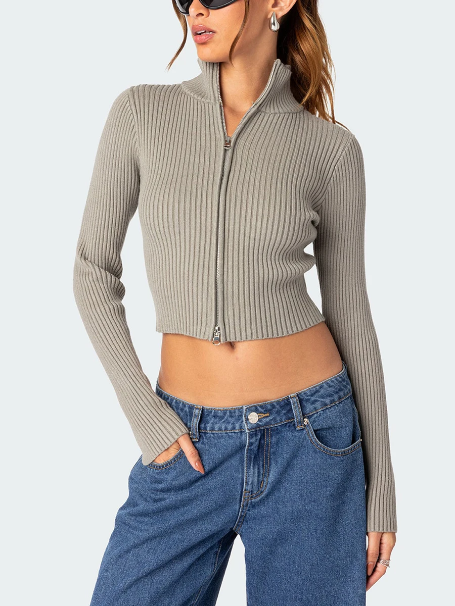 

Women Spring Fall Stand Collar Knit Jumpers Solid Zip-Up Long Sleeve Cropped Cardigan Slim Sweater Top