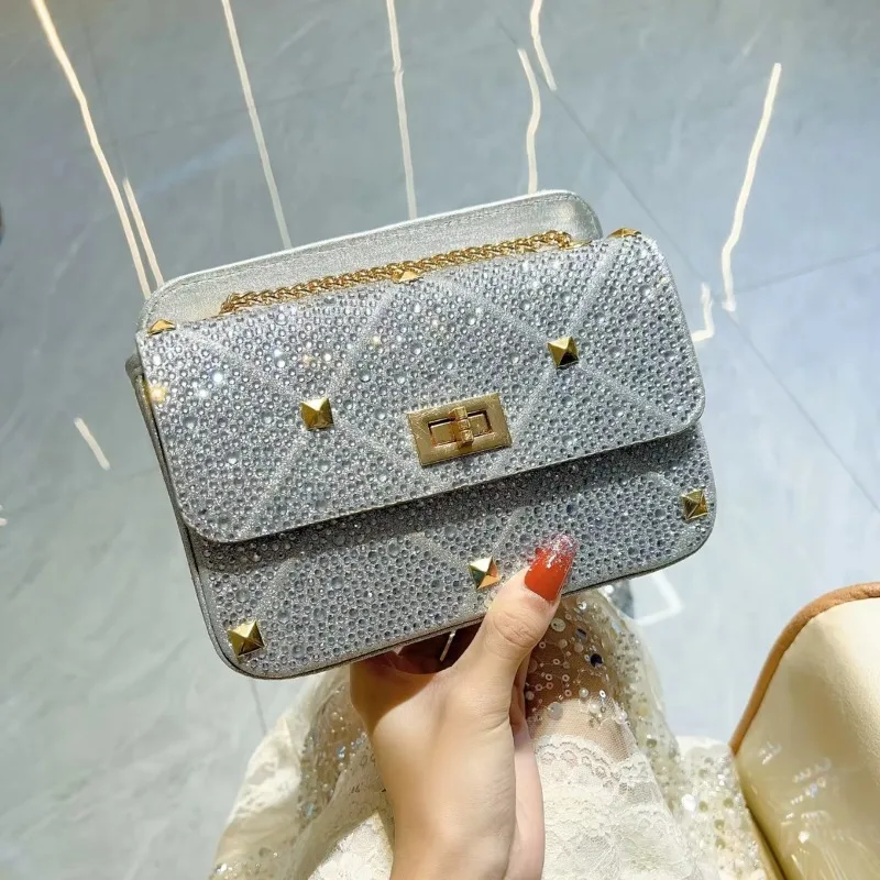 Fashionable Full Diamond High-end Diamond Studded Banquet Bag Elegant Hand-held Bag Women Rrivet Chain Armpit Bag Crossbody Bags