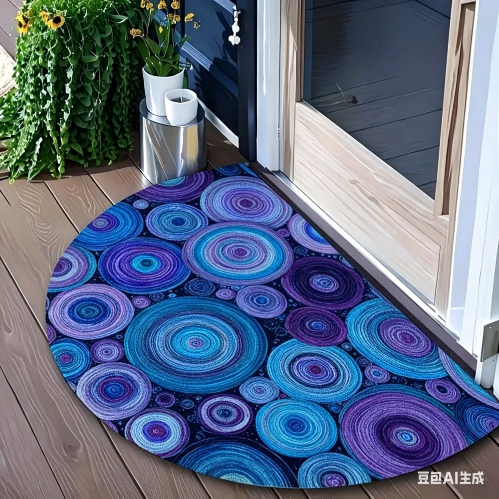 Vibrant Rainbow Concentric Circles Semicircle Welcome Rug Decorative Art Style Entrance Doormat Anti-Slip Floor Mat for Kitchen