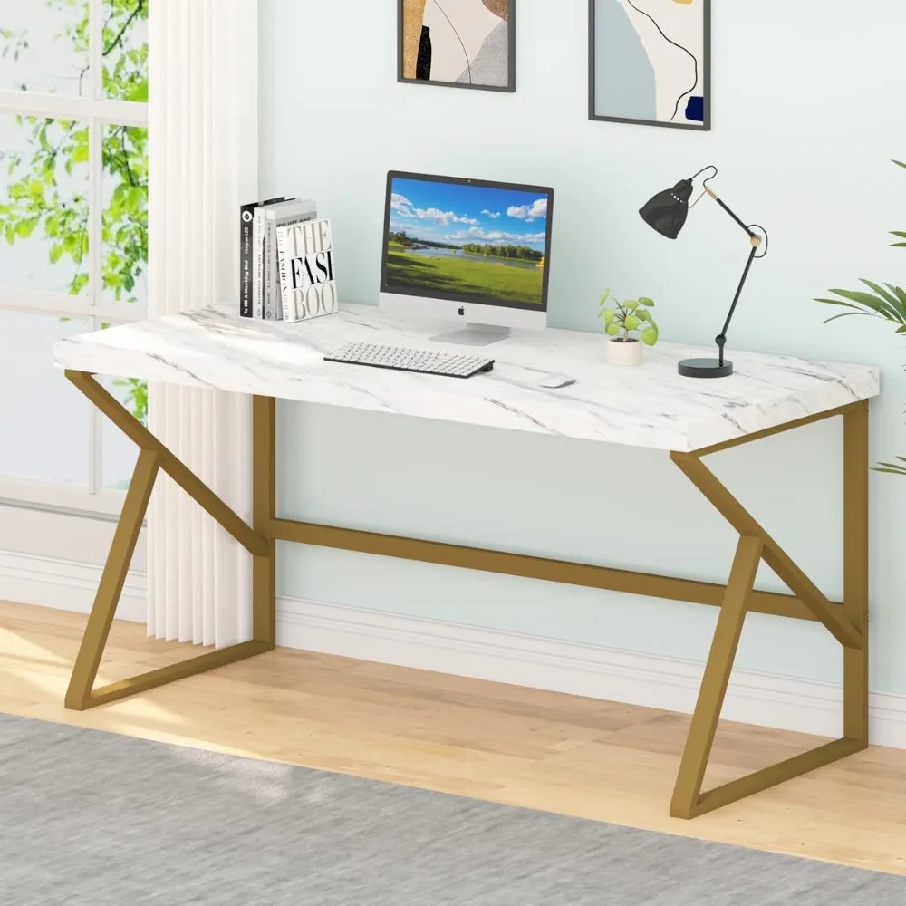 White Faux Marble and Gold Desk, Modern Home Office Executive PC Laptop Computer Desk