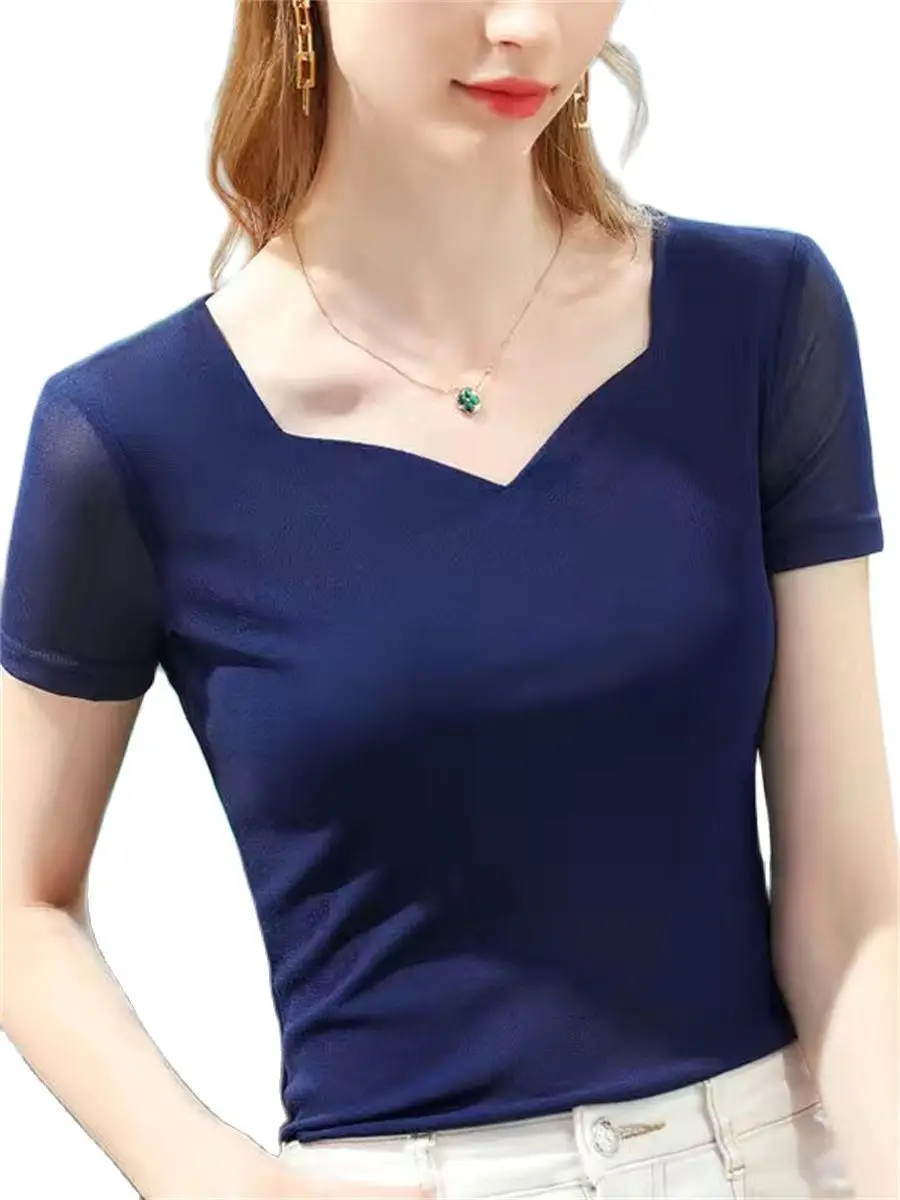 

Woman Summer Style Blouses Shirts Lady Casual Short Sleeve Square Collar Solid Color Mesh Blusas Tops DD9241