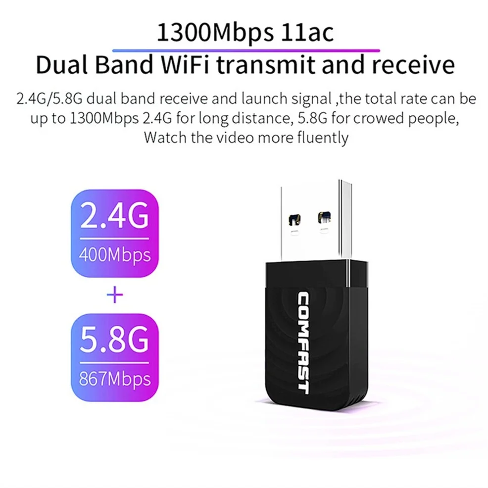 LccKaa-Mini adaptador WiFi USB, tarjeta de red Wifi de banda Dual de 1300Mbps, 5G, 2,4 GHz, AC adaptador inalámbrico USB para PC, escritorio, portátil, Win10