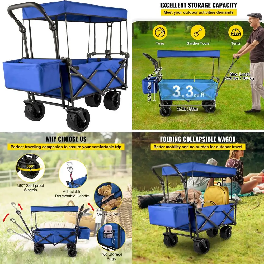 

Collapsible Heavy Duty Beach Wagon with Removable Canopy, 220lbs Capacity, Foldable Big Wheels for Outdoor Adventures