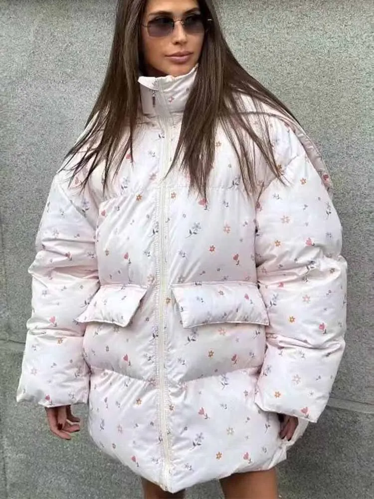 

European and American style winter new arrivals fashionable women's zipper long-sleeved stand collar hooded printed loose coat