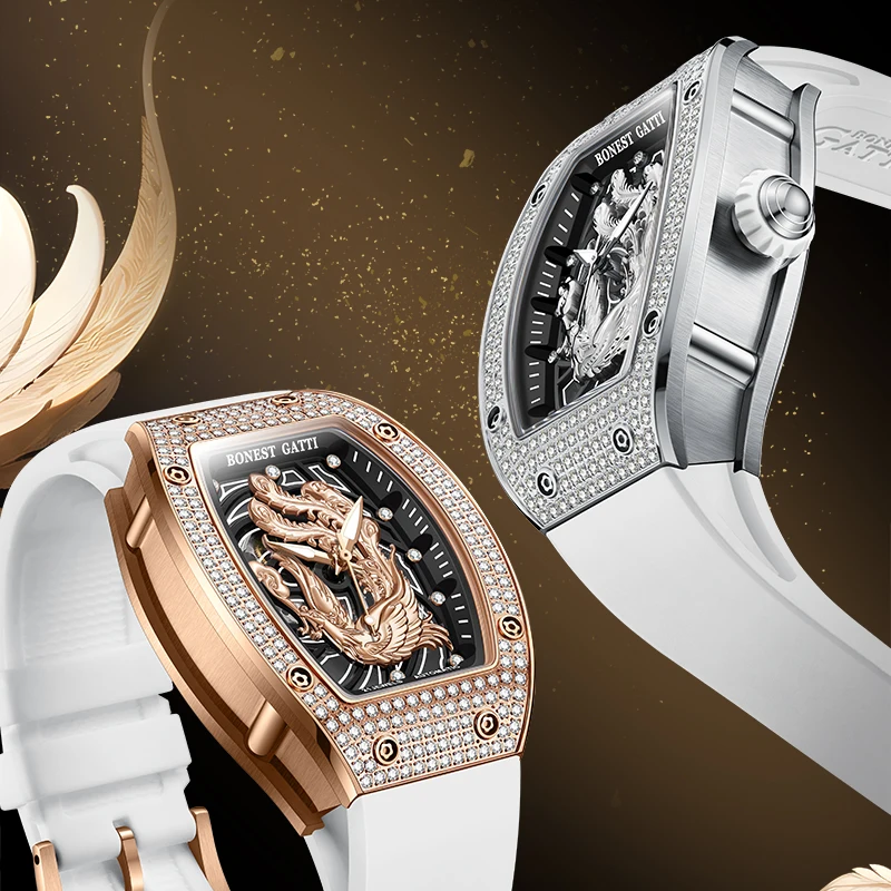 BONEST GATTI Phoenix Cry Series Automatic Mechanical Watch | German Brand New Model Diamond-Inlaid Case Skeleton Dial Wristwatch