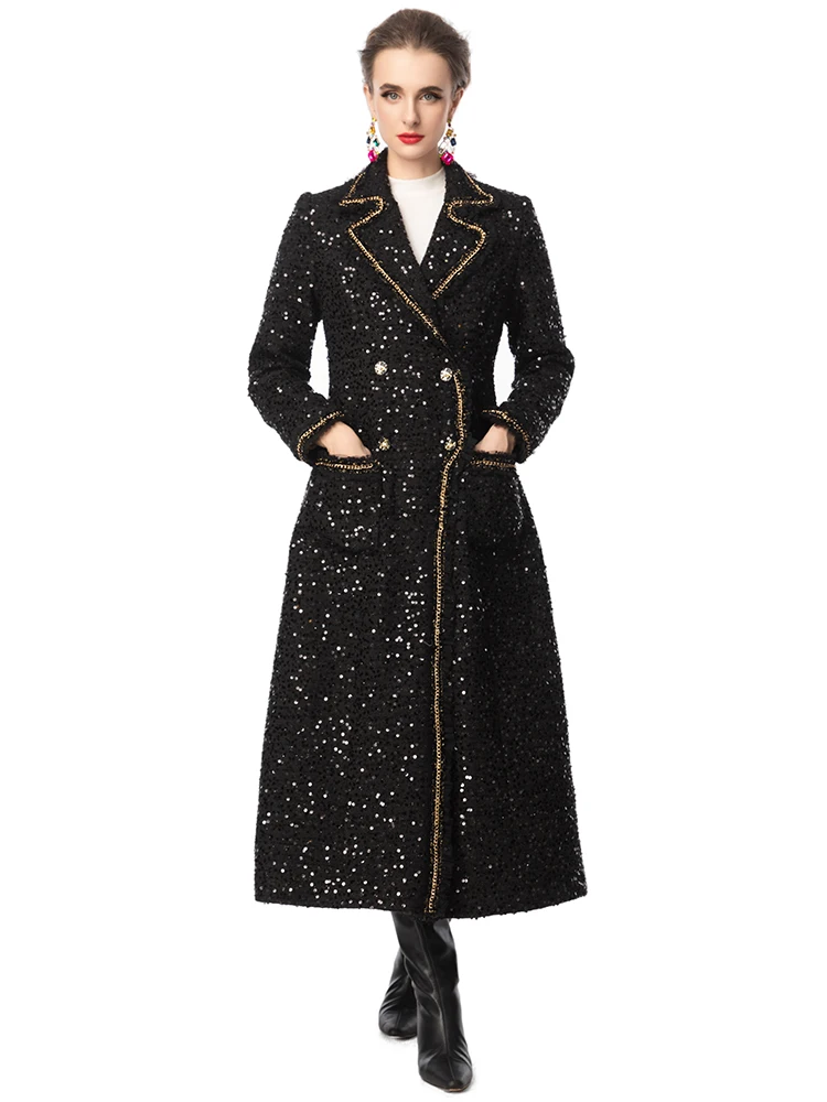DLDENGHAN Women Turn-Down Collar Long Sleeves Chains High Street Double Breasted Sequin Tweed Outerwear Fashion winter Females