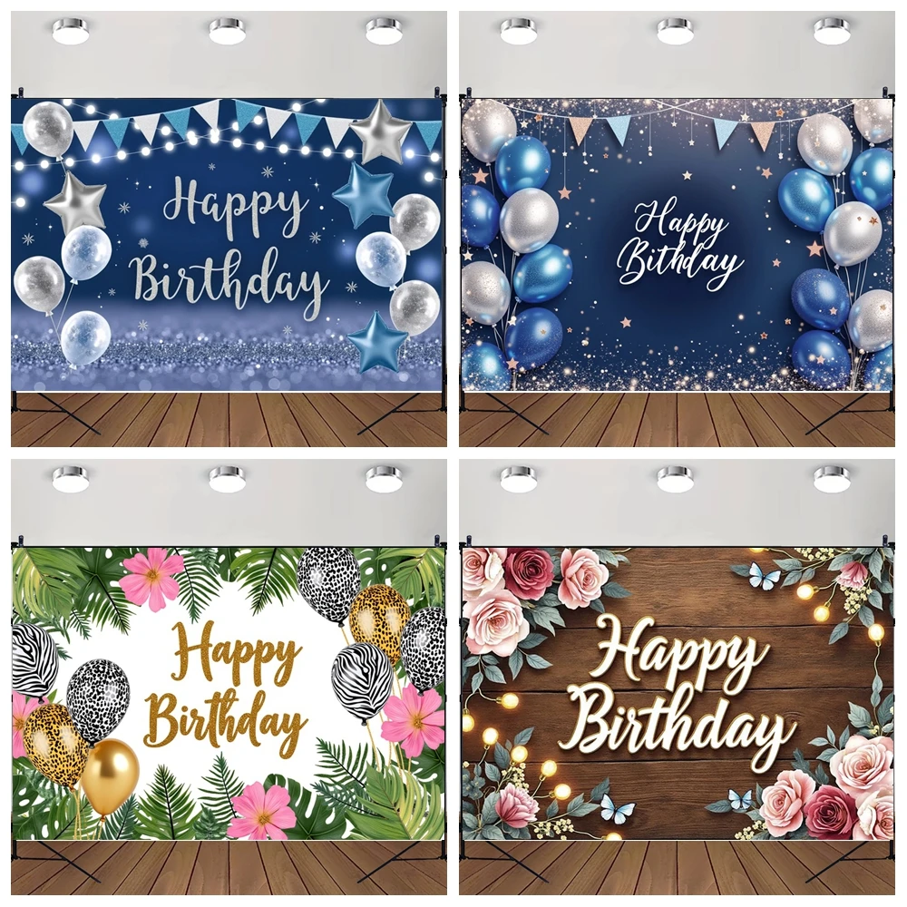 

MOON.QG Happy Birthday Banner Backgrounds For Photographs Flower Shimmer Balloon Backdrop Decoration Accessories Baby Shower Kid