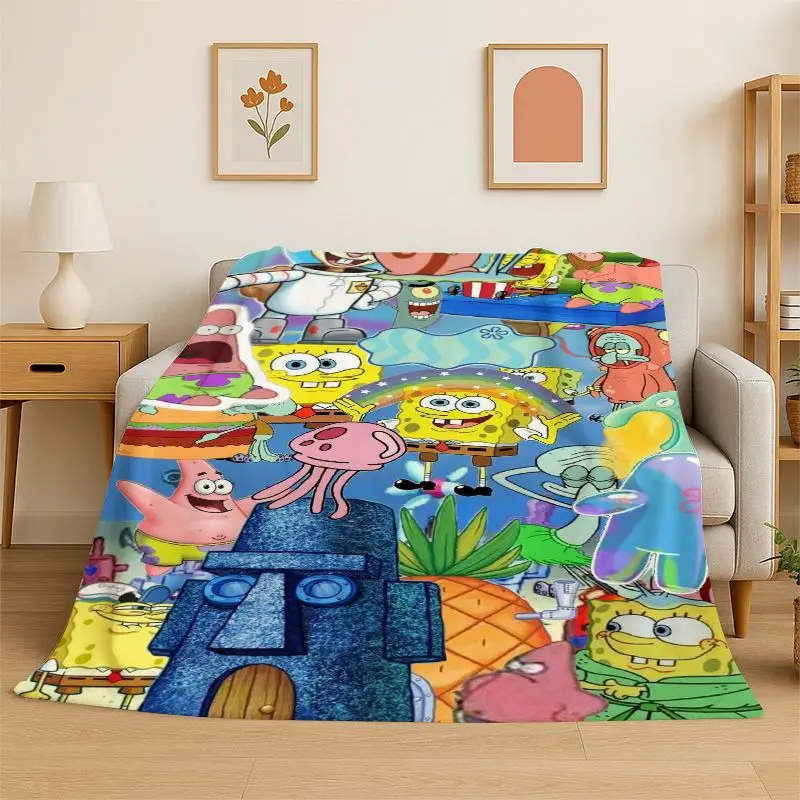Cute S-SpongeBob Cartoon Soft Flannel Throw Blanket,Warm Cozy Blanket for Bed,Couch,Sofa,Bedroom,Living Room,Travel,Picnic Gift