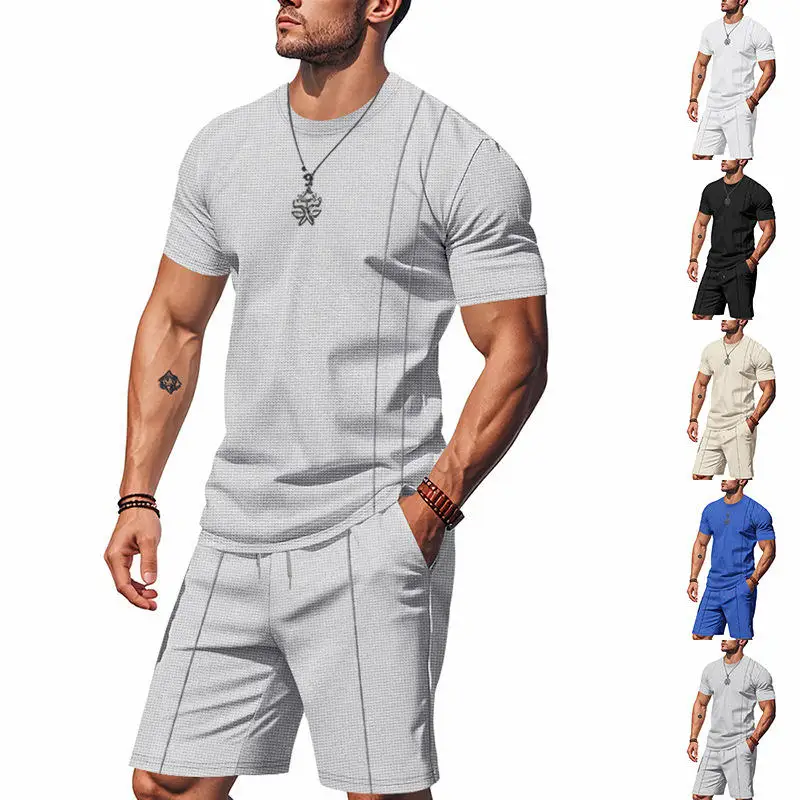

Loose American Style Summer Men's round Neck Short Sleeve Two-Piece Set with Shorts Simple Ins Waffle Pattern Casual Wear