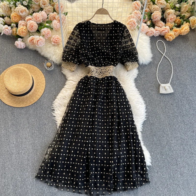 Fashion 3D Flower Lace Embroidered Dress Summer 2023 Short Sleeve A Line Midi Long Dresses Women Holiday Party Vestidos