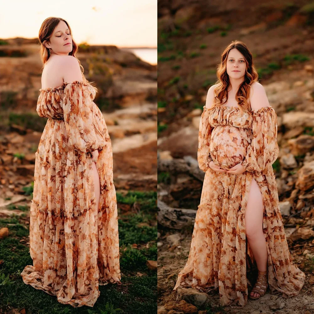 Maternity Photography Gown Printed Chiffon Off Shoulder Long Sleeved Dress Boho Pregnant Dress Photoshoot Dress For Women