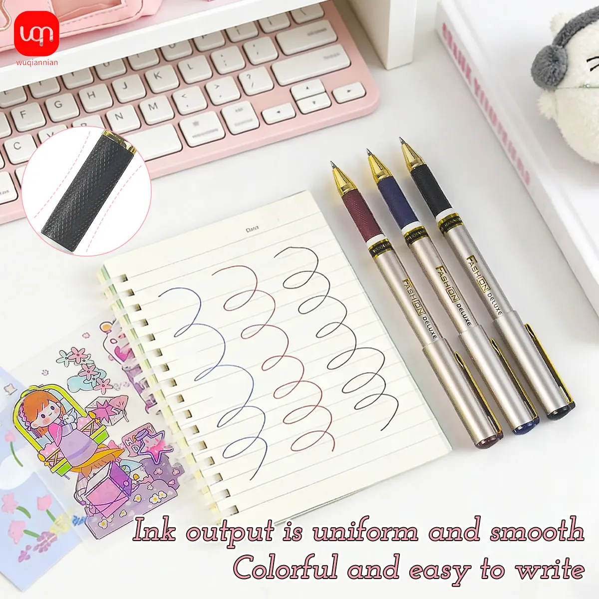 

WQN 3pcs Gel Pens Smooth Writing Durable Fluent - 2pcs Random Document Bags - Stickers