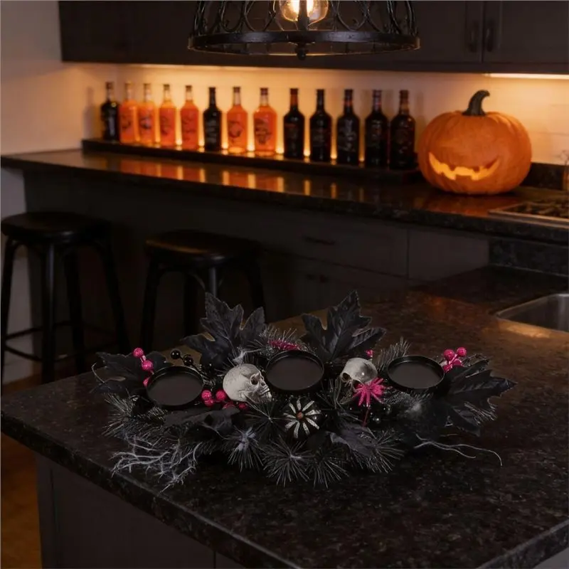 B50C Halloween 3-Pillar Candle Holder Centerpiece Skull Design Black Maple Leaves Spooky Table Decoration Without Light