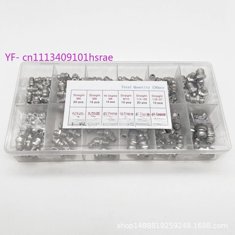 130Pcs Nickel-Plated 45° Angled Grease Zerks Fitting Kit M6 M8 M10 Replacement Parts for Automotive and Machinery Repair