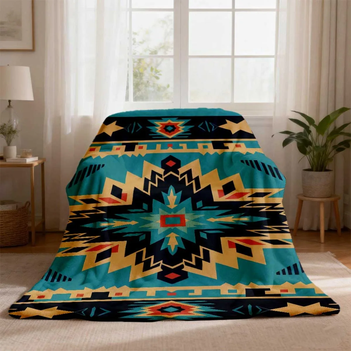 2026 New Flannel Blanket Launch 1pc Bohemian Style Soft Blanket, Bright Geometric Design, All Seasons Suitable, Comfortable Sofa