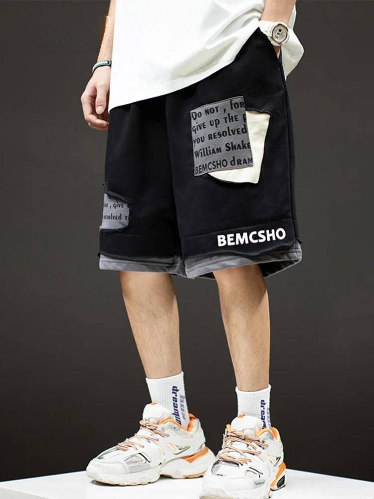 

Hong Kong Trendy Brand Men's Casual orts Summer Hip Hop Beach Five-Quarter Length Patchwork Fake Two-Piece Lightweight Cott...