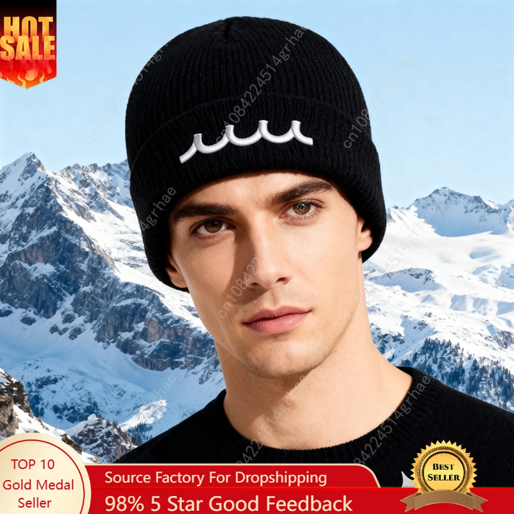 1pc'sea wave' bestickte Beanie, weich, dehnbar, leicht, Wintermütze für Damen und Herren, Outdoor-Hip-Hop-Mode