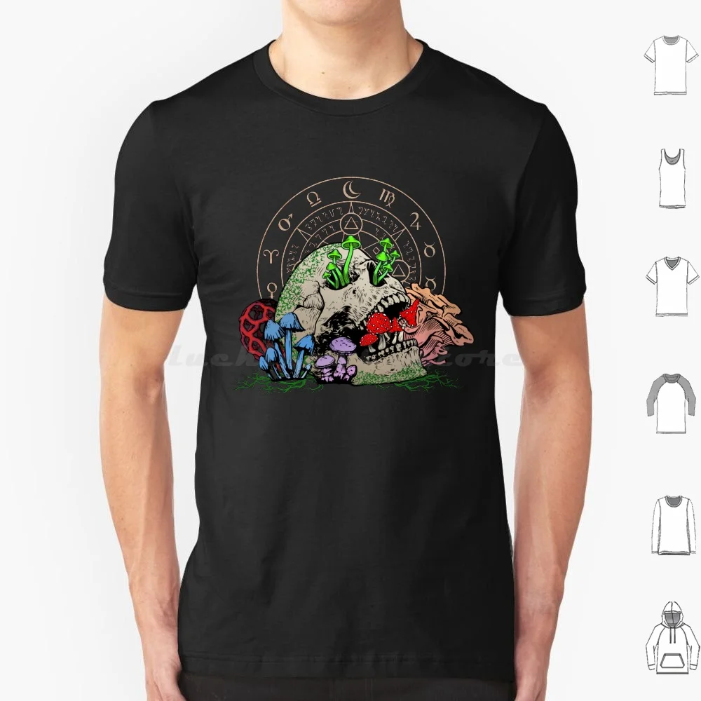 Camiseta con calavera de setas para hombres, mujeres y niños, 6xl, alquimia, sigilo alquímico, Luna, setas venenosas, taburete de toad, musgo en cráneo