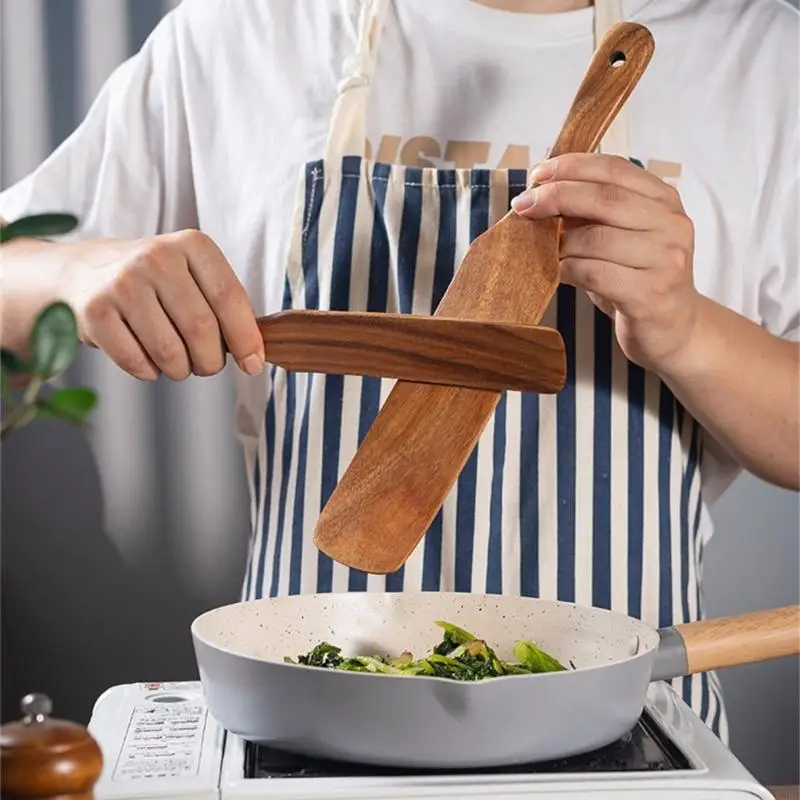 A2BB 2 Pack Wooden Spurtles Thin Spatula Long Handle Heat Resistant Baking Utensils