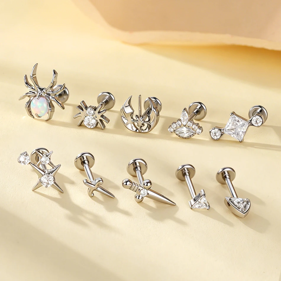 1/5 Stück Titan CZ Nordstern Knorpel-Ohrringe 16G Mondkreuz Helix Tragus Ohrläppchen Piercing Flat Back Labret Nasenstecker Schmuck