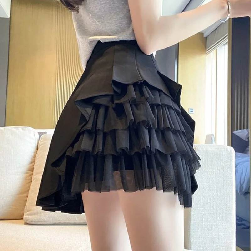 Korean version Designer Mesh Patched Pleated Skirts Women High Waist Slim Short Dresses Korean Style White Chiffon  Mini Skirts